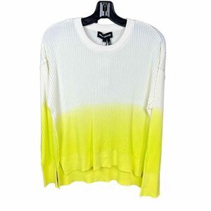 DKNY Ombre Sweater Crew Neck White Neon Yellow Green High Low Hem Large